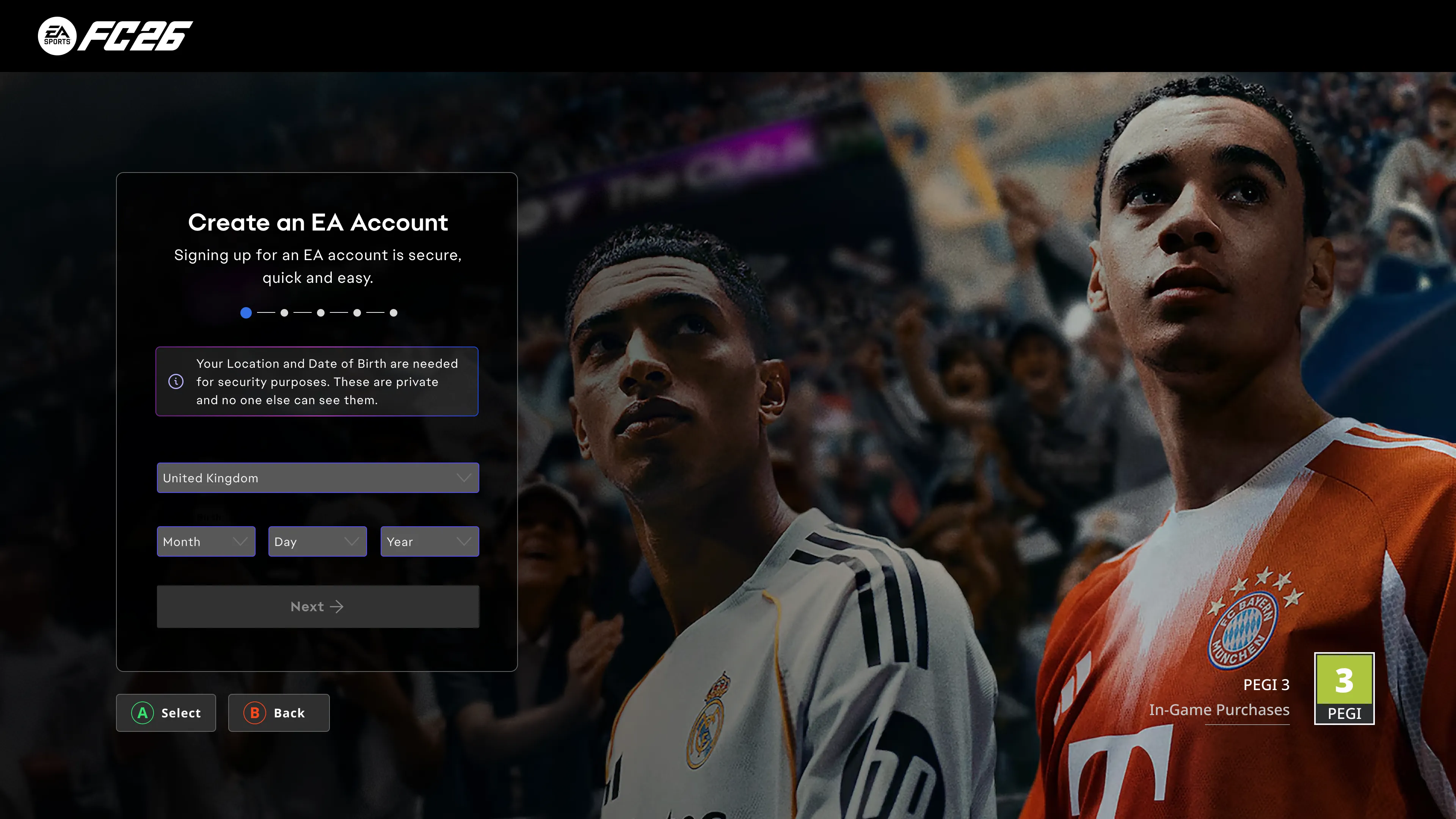 A screenshot from the Electronic Arts global login experience on console