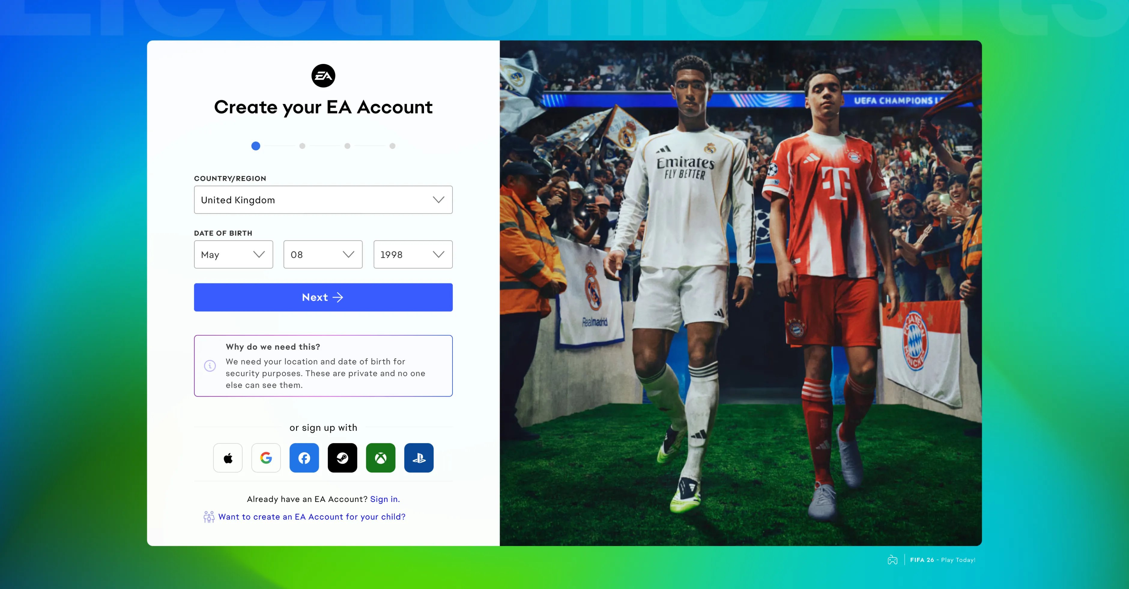 A screenshot from the Electronic Arts global login experience