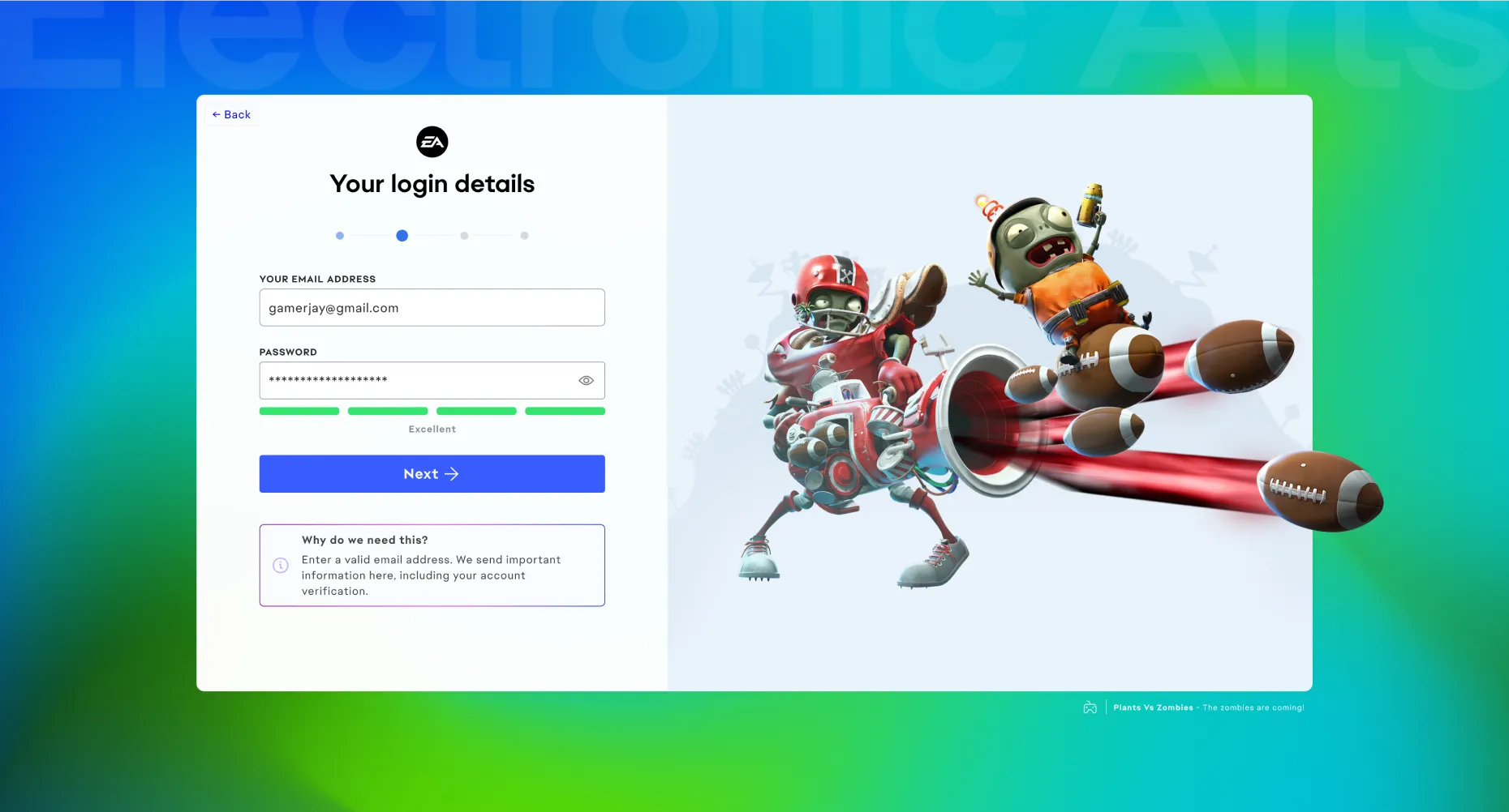 A screenshot from the Electronic Arts global login experience