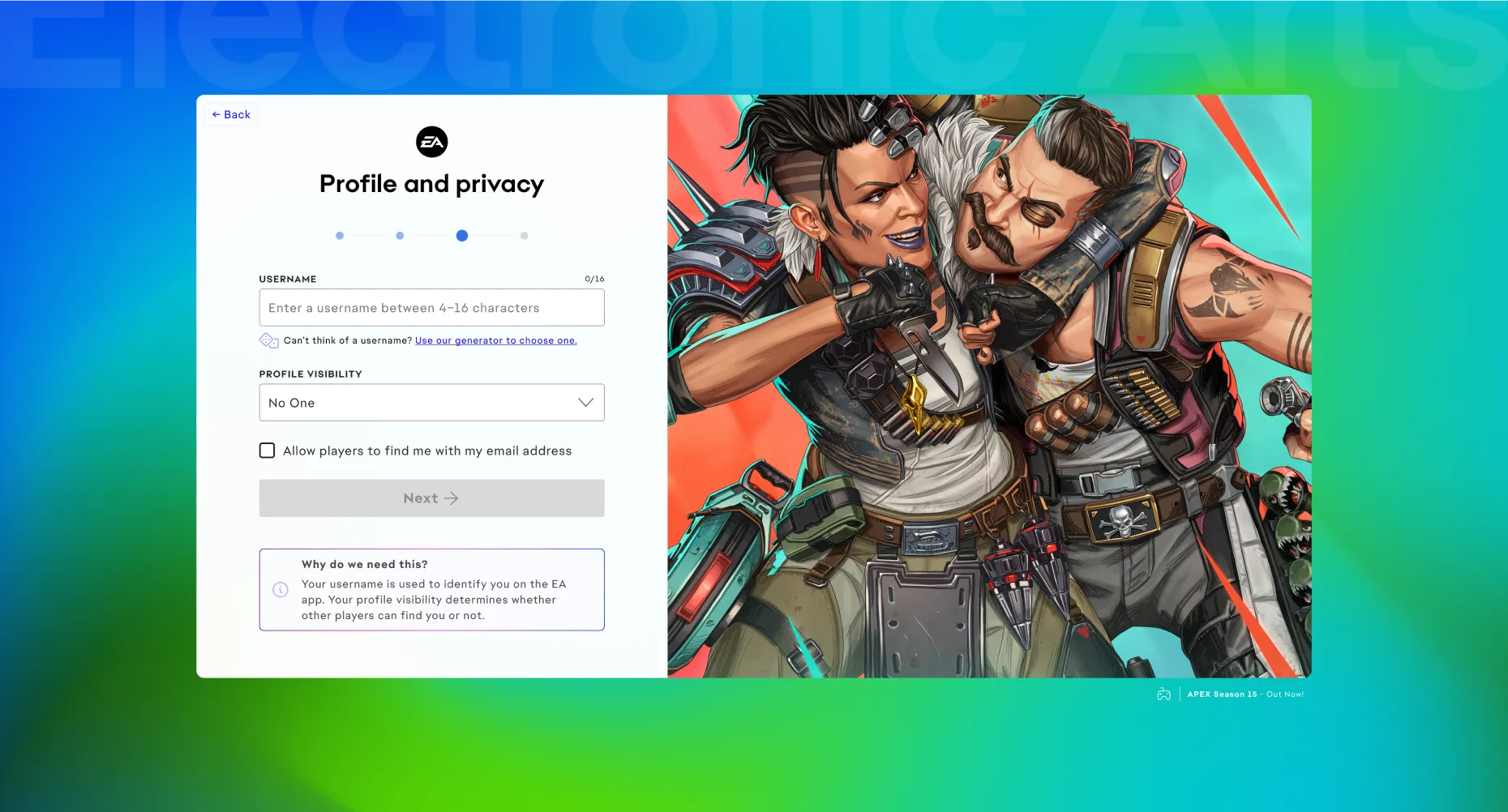 A screenshot from the Electronic Arts global login experience