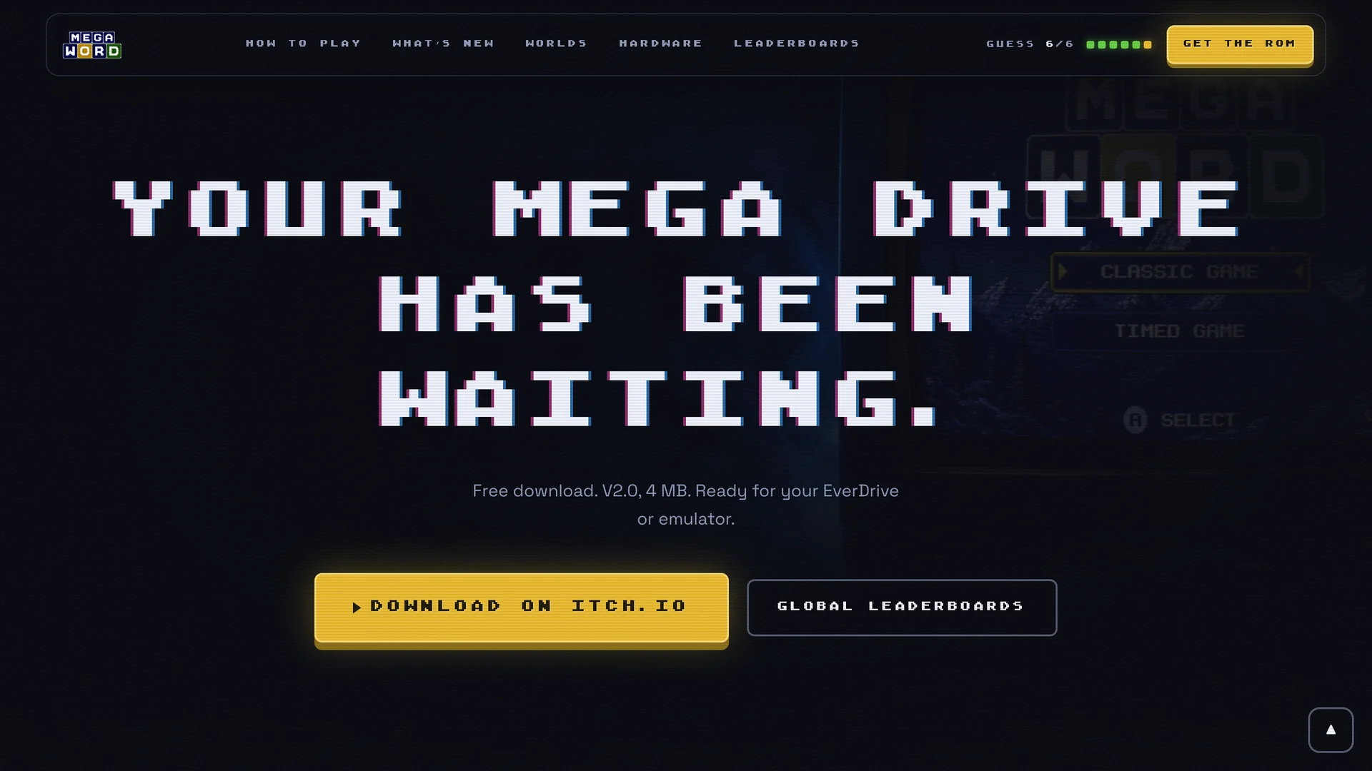 The MegaWord website's download section, with oversized pixel lettering and a yellow download button