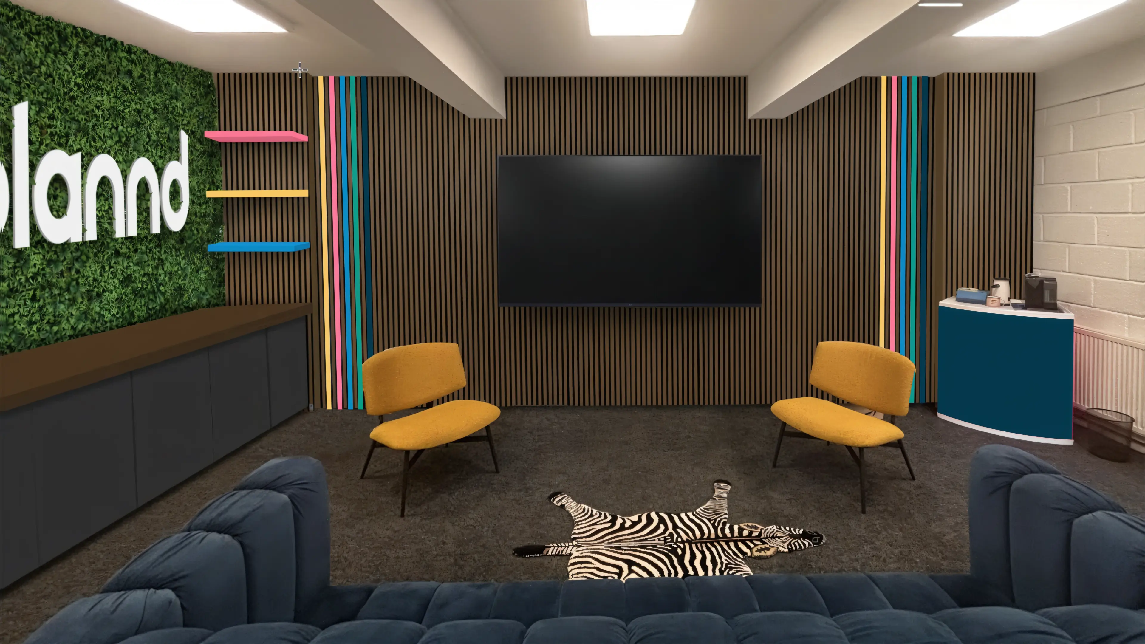 The plannd brand colours applied to their office interior